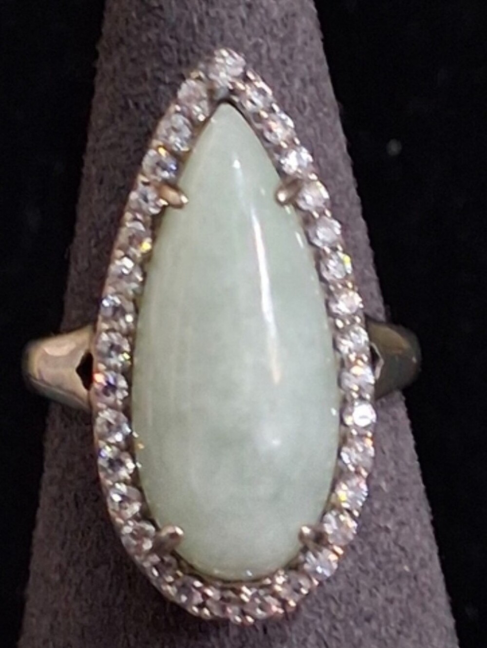 Teardrop Pear Signed JOY Sterling Silver Genuine Jade & CZ Halo Pear Ring Sz 9